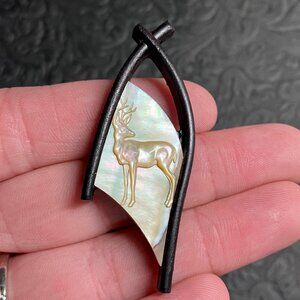 Buck Stag Deer Mother of Pearl and Wood Pendant Bead Cabochon Ornament Mini Art